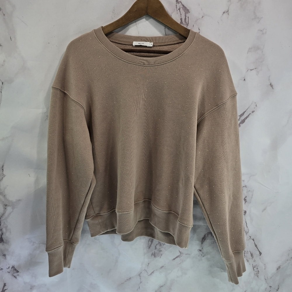 ALC Sweatshirt Womens Medium Brown Gold Studded Pullover Crewneck Embellished